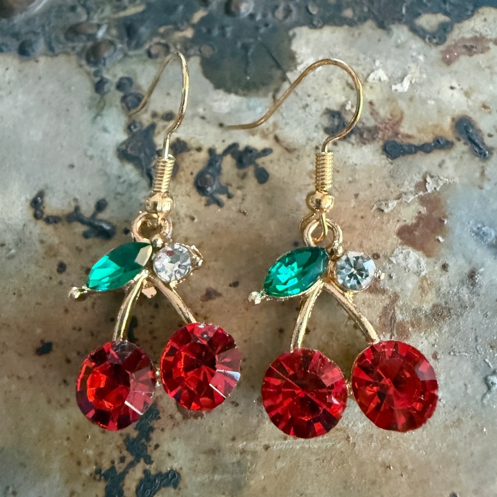 Elegant Gold Cherry Earrings with Red and Green Crystals